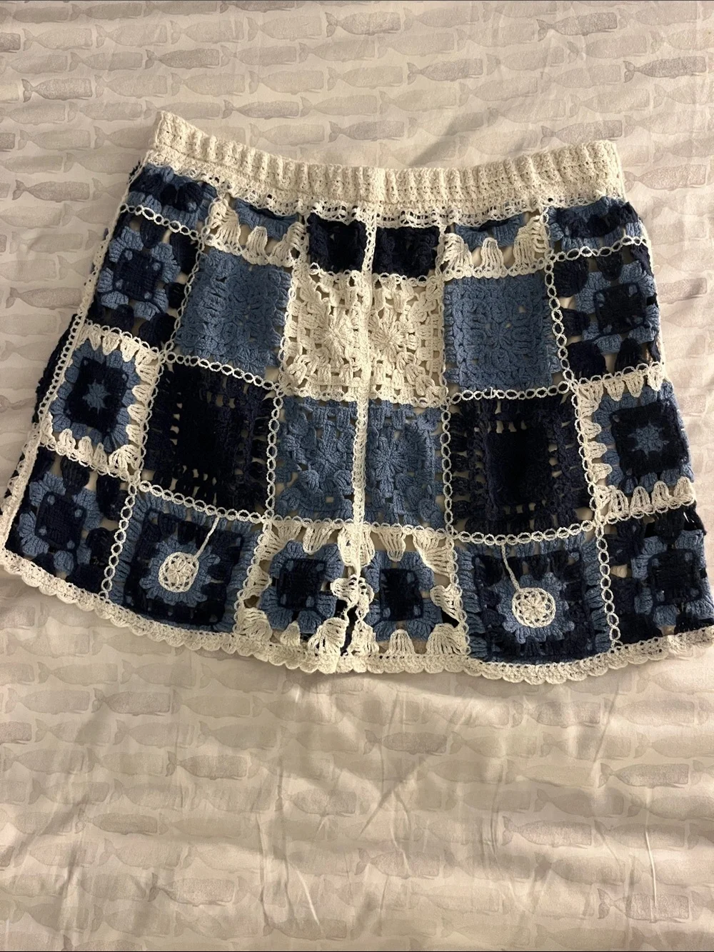 Rebellion Crochet Patchwork Shorts in Navy & Cream